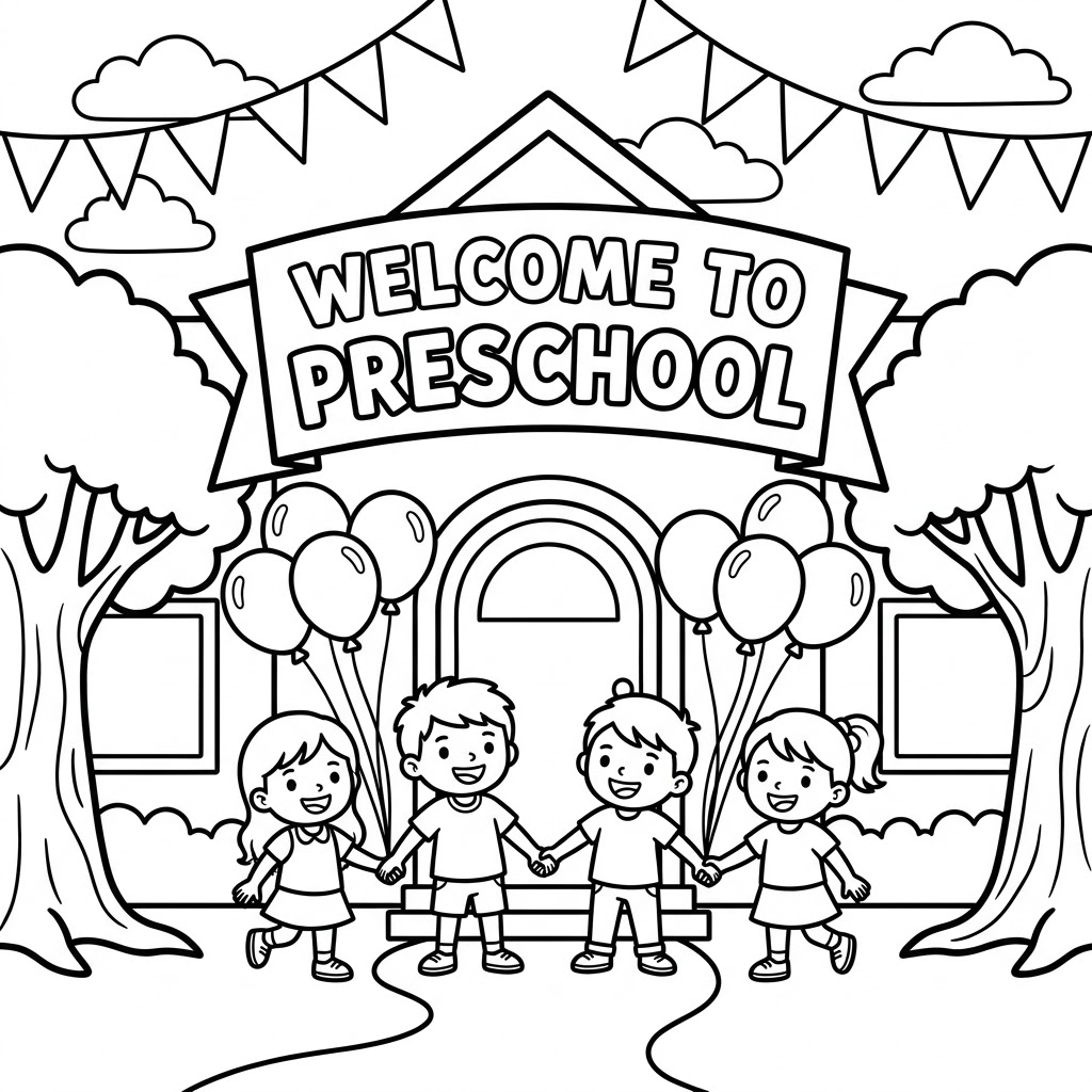 Welcome to preschool coloring page of a preschool building entrance with a welcome banner, balloons, bunting flags, and four happy children holding hands